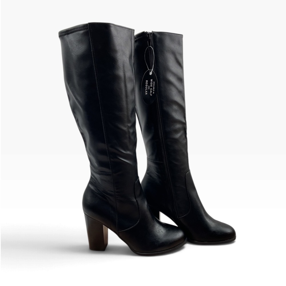 Style&co Black Knee High Wide Calf Block Heel Boots 7M F42198 Round Toe